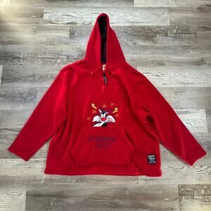 Vintage Looney Tunes Red Fleece Hoodie Pullover Sweatshirt Cartooncore Y2K